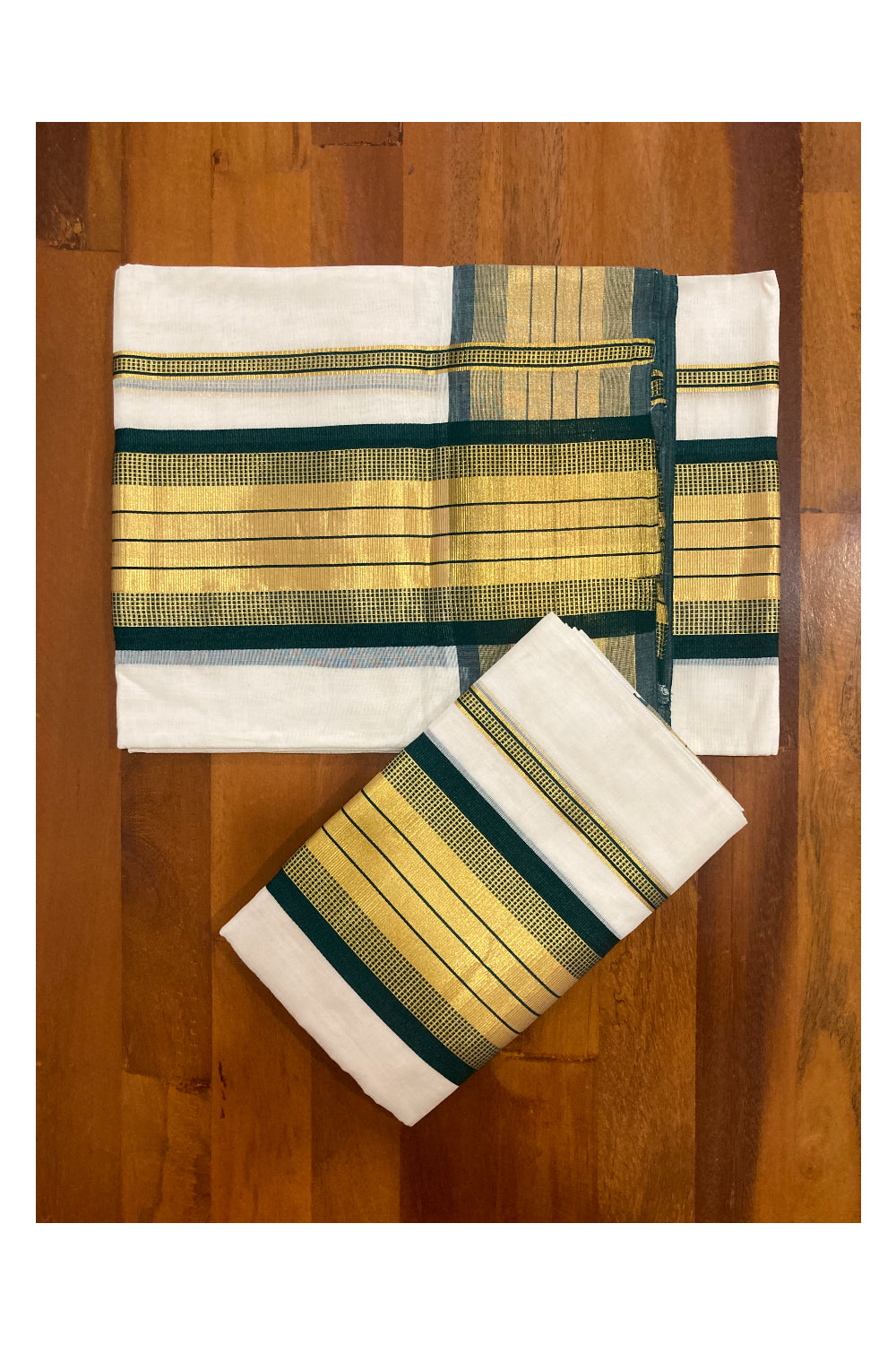 Southloom Premium Handloom Set Mundu with Kasavu and Green Border 2.80 Mtrs