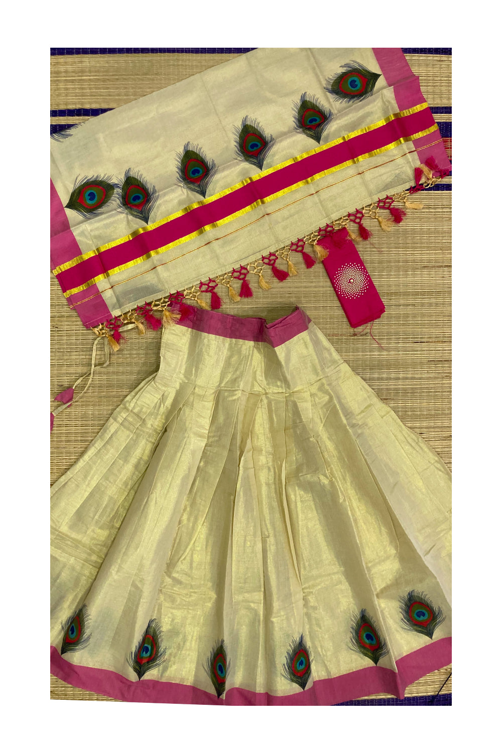 Kerala Tissue Stitched Dhavani Set with Pink Blouse Piece and Neriyathu with Peacock Feather Mural Work