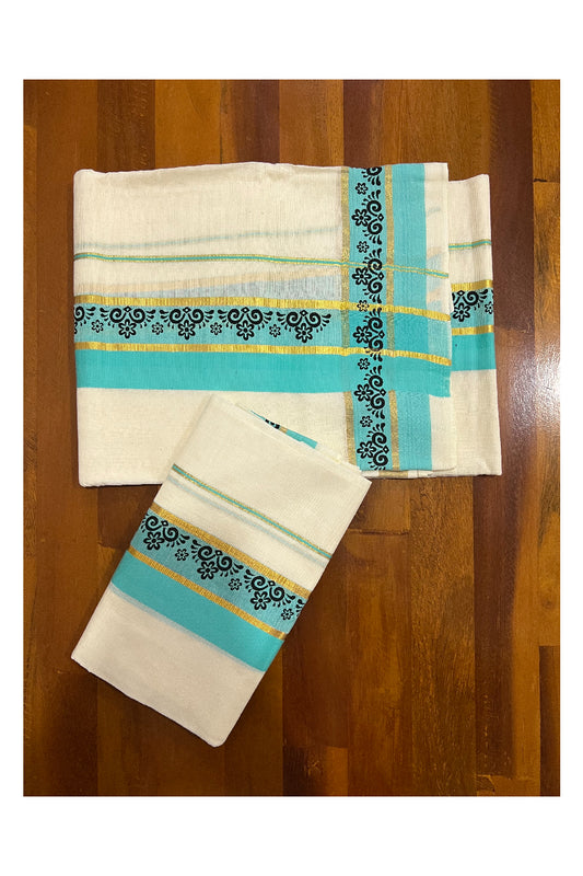 Southloom Onam 2022 Kasavu and Turquoise Kara Set Mundu with Hand Block Print
