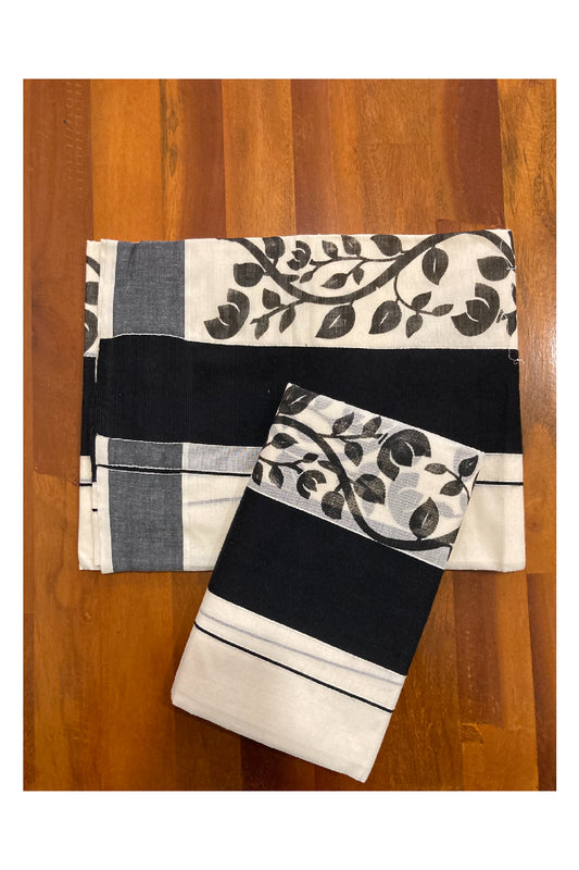 Southloom Original Design Single Set Mundu (Mundum Neriyathum) with Black Floral Vines Block Print