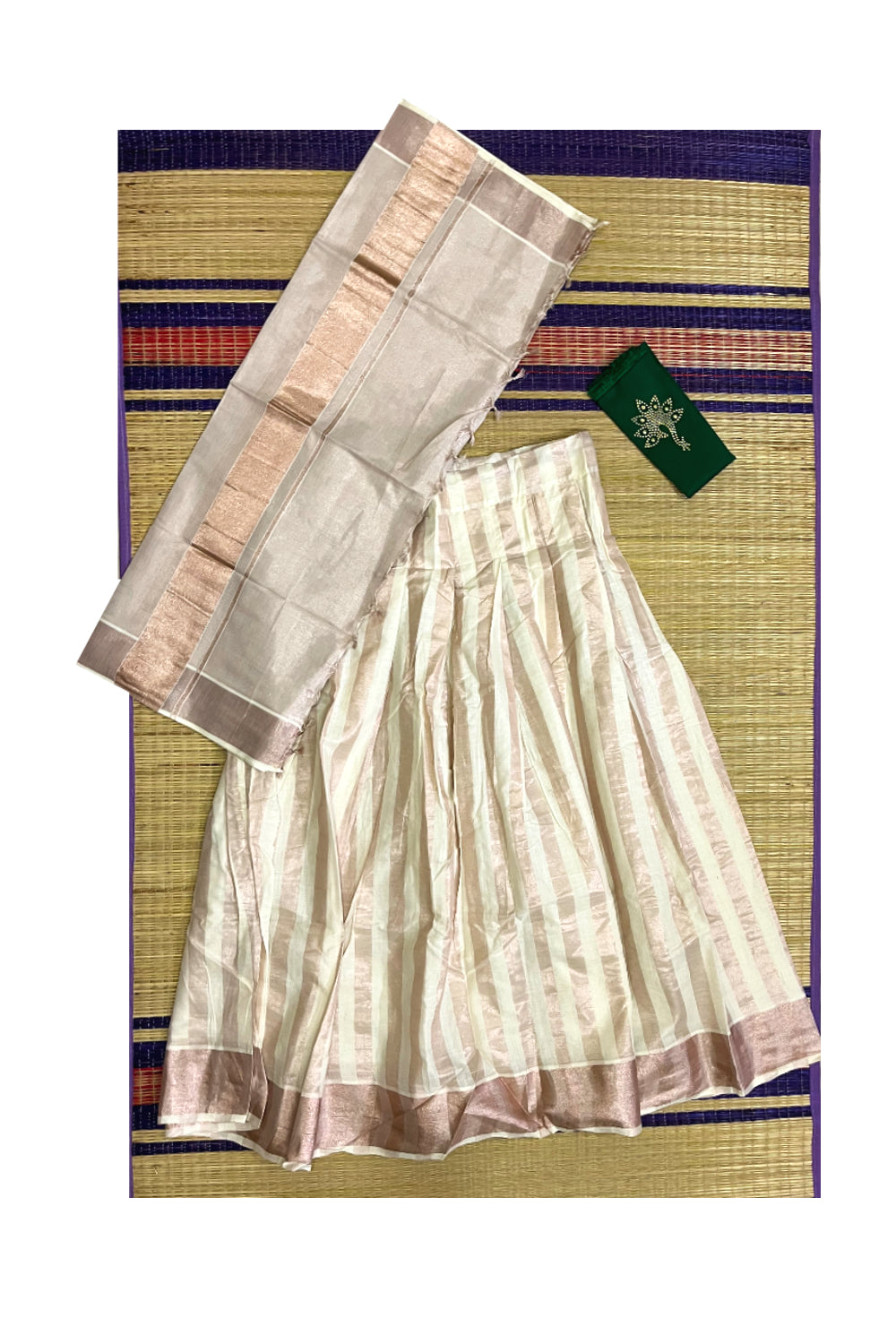 Semi Stitched Dhavani Set with Pink Kasavu Lines Cotton Pavada and Green Bead Work Blouse Piece