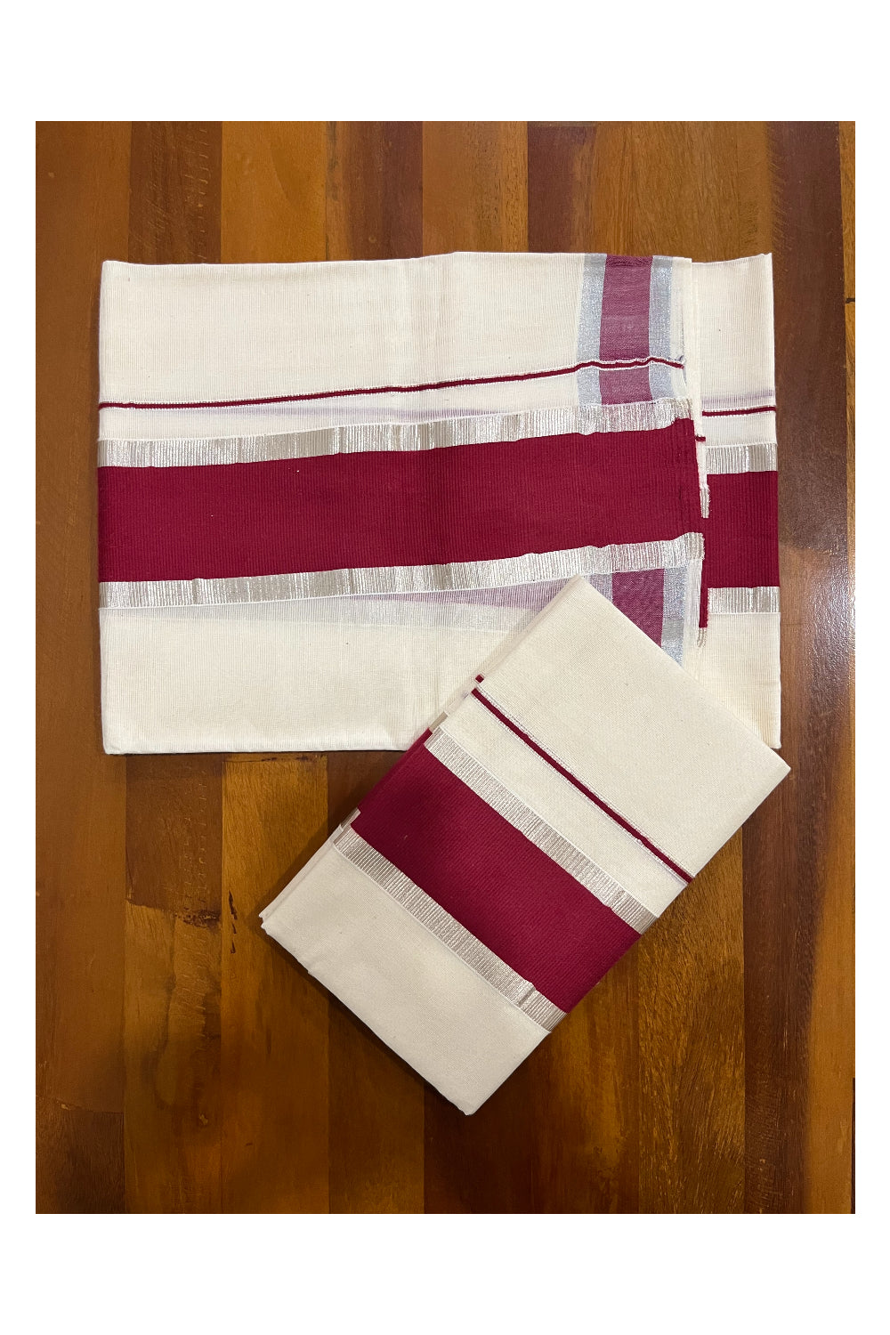 Kerala Cotton Mundum Neriyathum Single (Set Mundu) with Silver Kasavu and Maroon Border 2.80 Mtrs