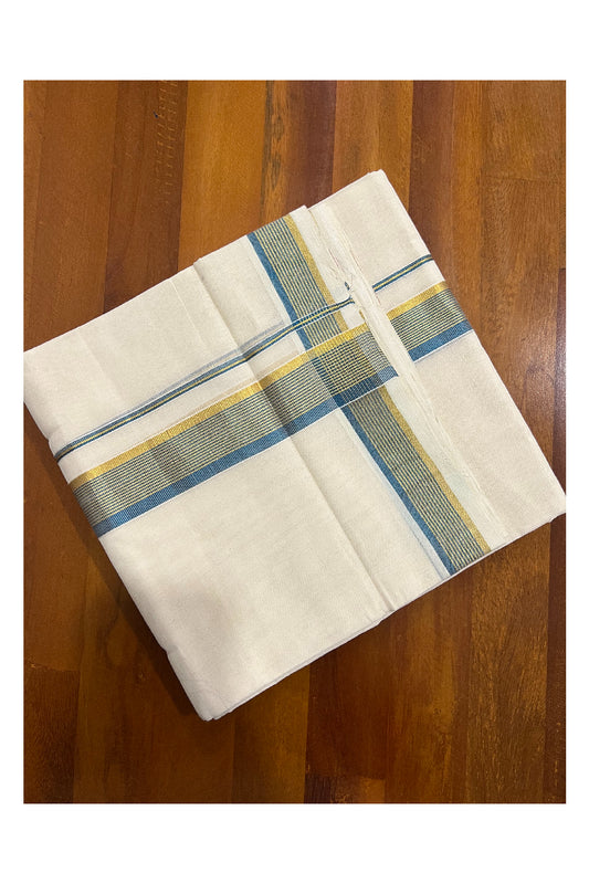 Southloom Kuthampully Handloom Pure Cotton Mundu with Golden and Greyish Blue Kasavu Border (South Indian Dhoti)