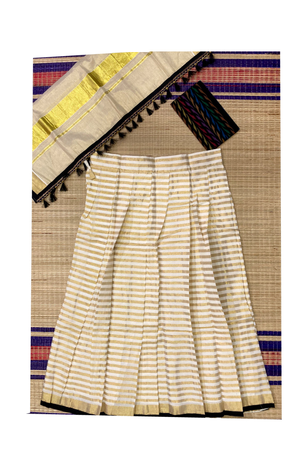 Kerala Cotton Semi Stitched Dhavani Set with Lines Work Pavada and Multi Colour Blouse Piece
