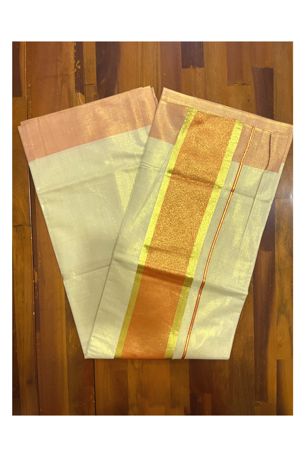 Kerala Tissue Kasavu Plain Saree with Orange and Kasavu Border