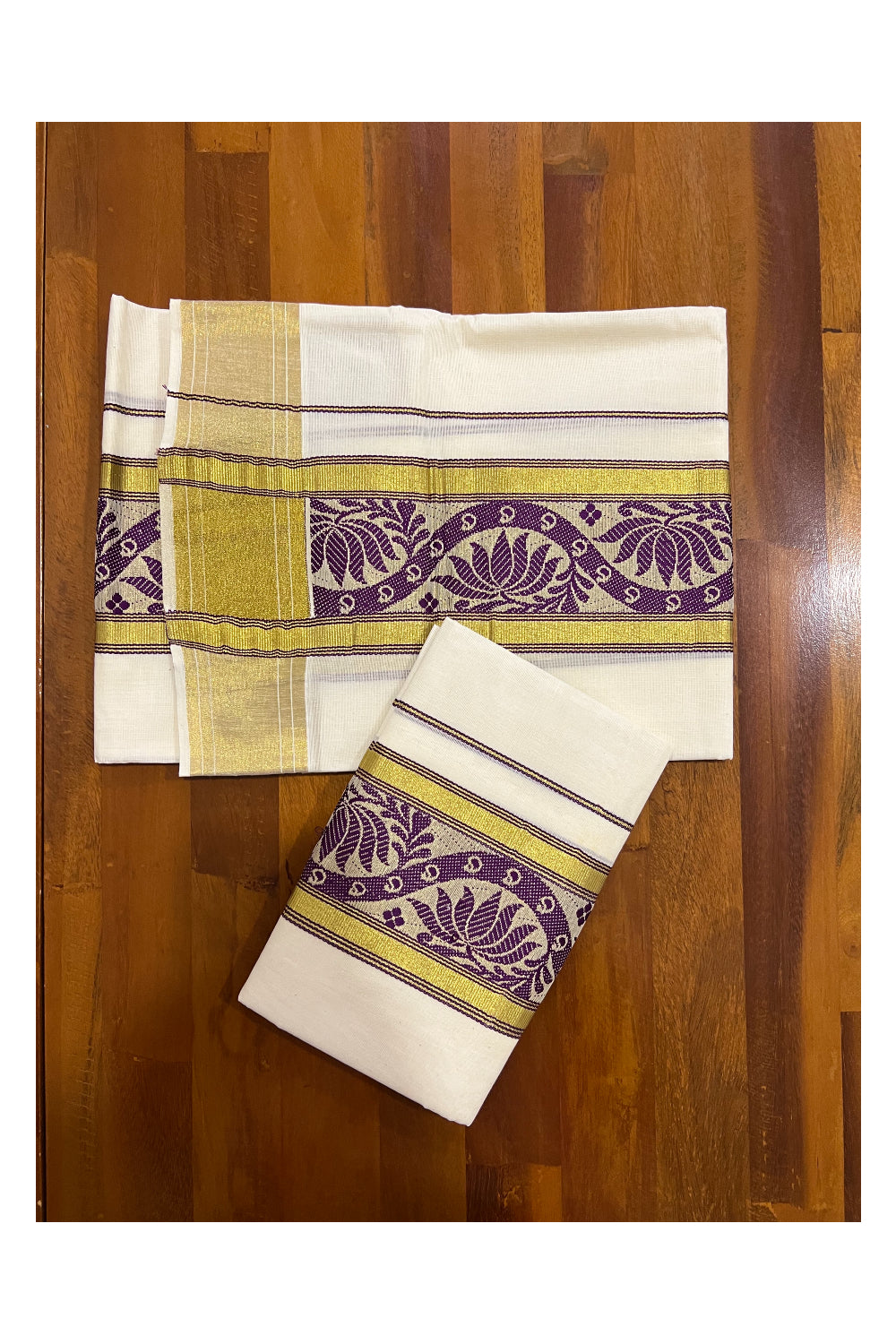 Kerala Cotton Kasavu Set Mundu (Mundum Neriyathum) with Purple Floral Woven Border 2.80 Mtrs