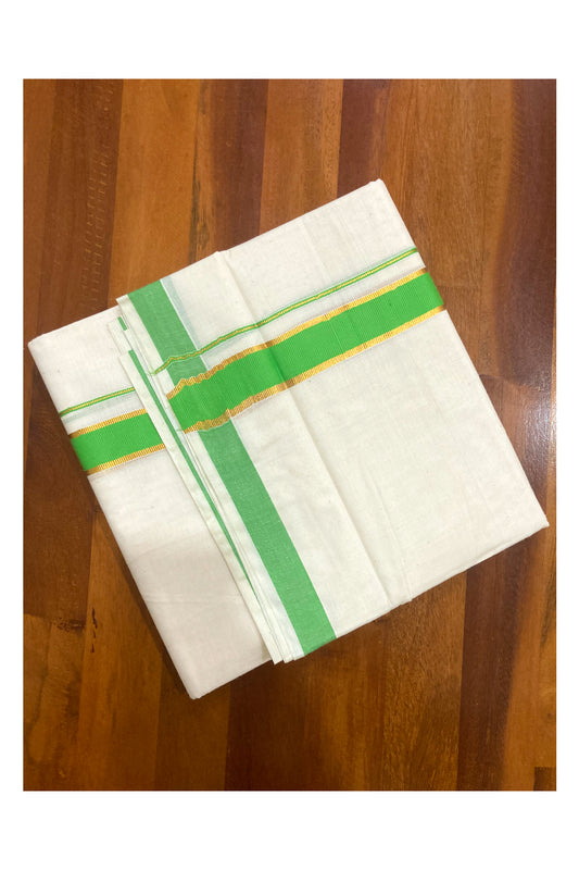 Pure Cotton Off White Double Mundu with Green and Kasavu Border (South Indian Kerala Dhoti)