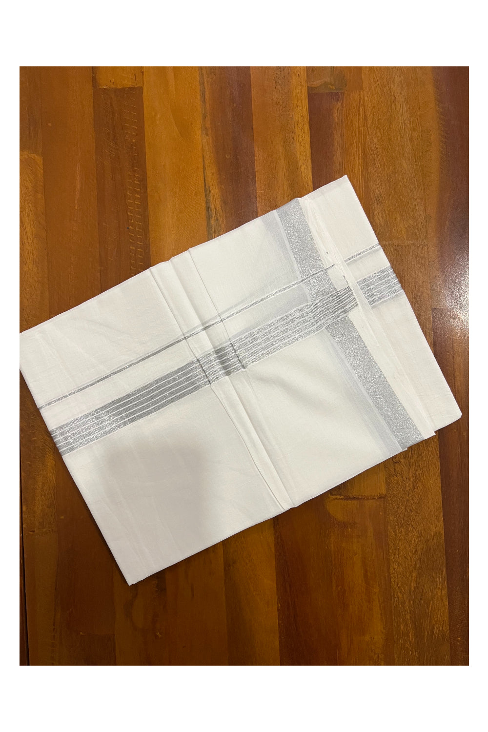 Pure White Cotton Double Mundu with Silver Kasavu Line Border (South Indian Dhoti)