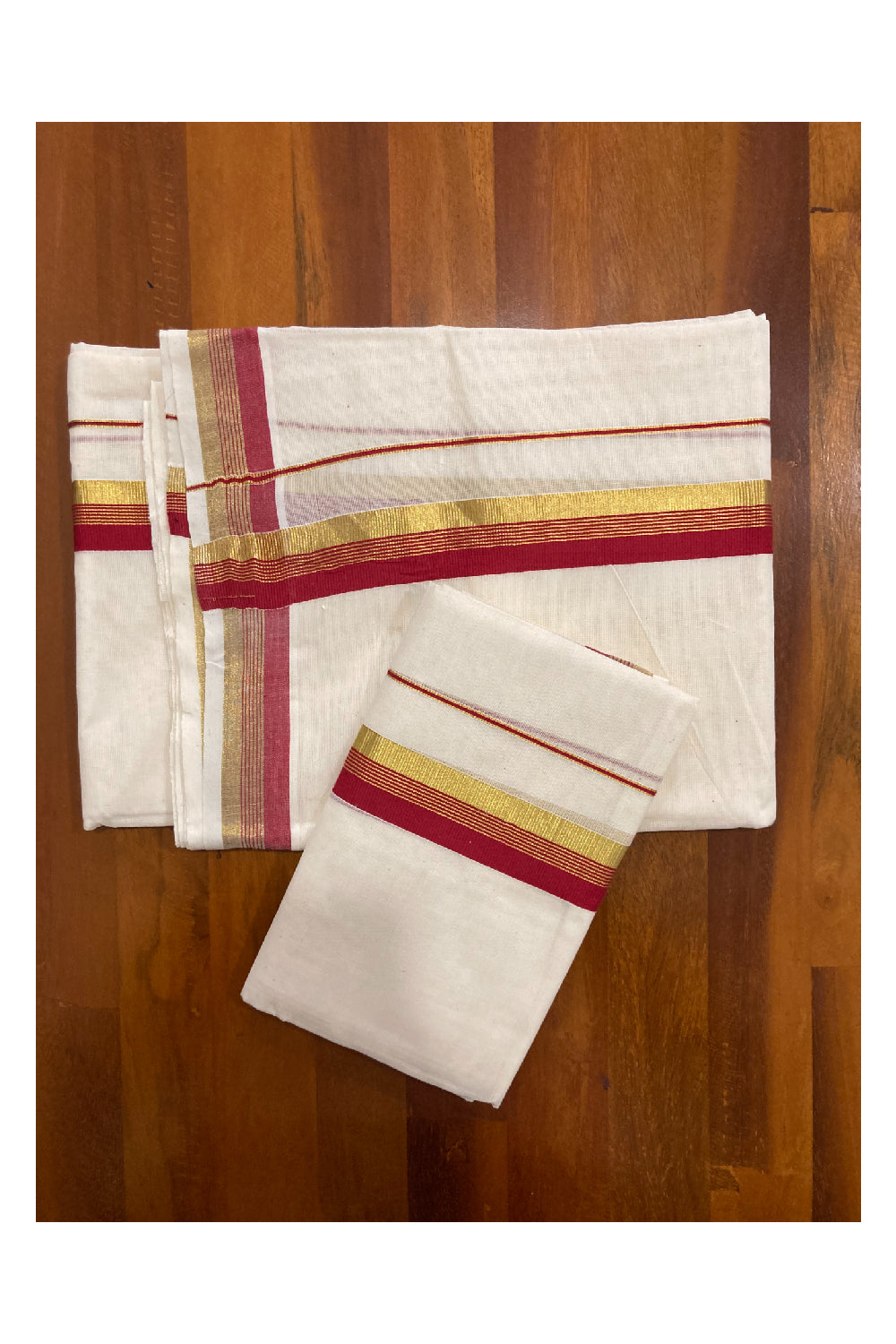 Kerala Cotton Mundum Neriyathum Double (Set Mundu) with Red and Kasavu Border