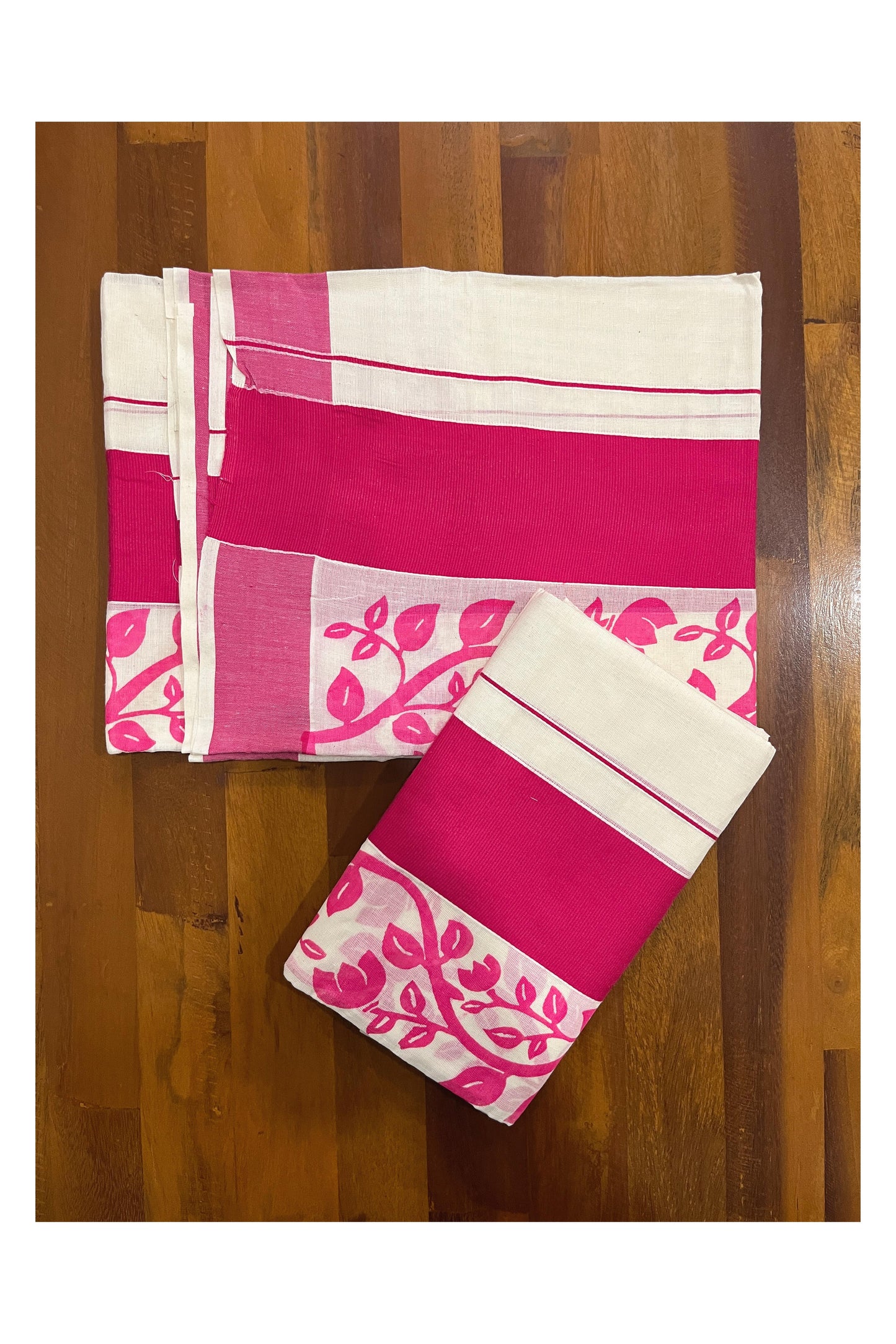 Southloom Original Design Single Set Mundu (Mundum Neriyathum Vishu 2023) with Pink Floral Vines Block Prints 2.80 Mtrs