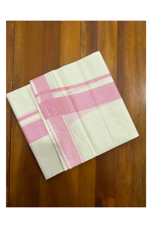 Off White Kerala Double Mundu with 2 inch Pink Line Border (South Indian Kerala Dhoti)