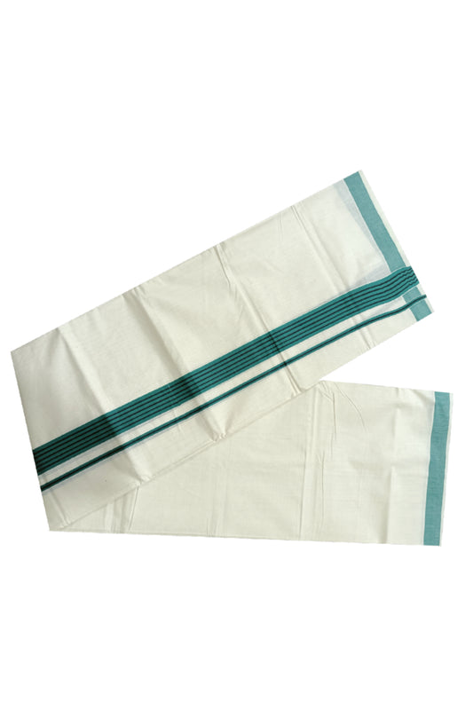 Off White Kerala Double Mundu with Black Lines on Green Border (South Indian Dhoti)