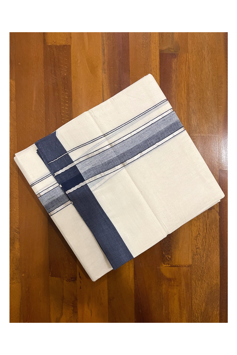 Pure Cotton Off White Double Mundu with Silver Kasavu and Blue Border (South Indian Dhoti)