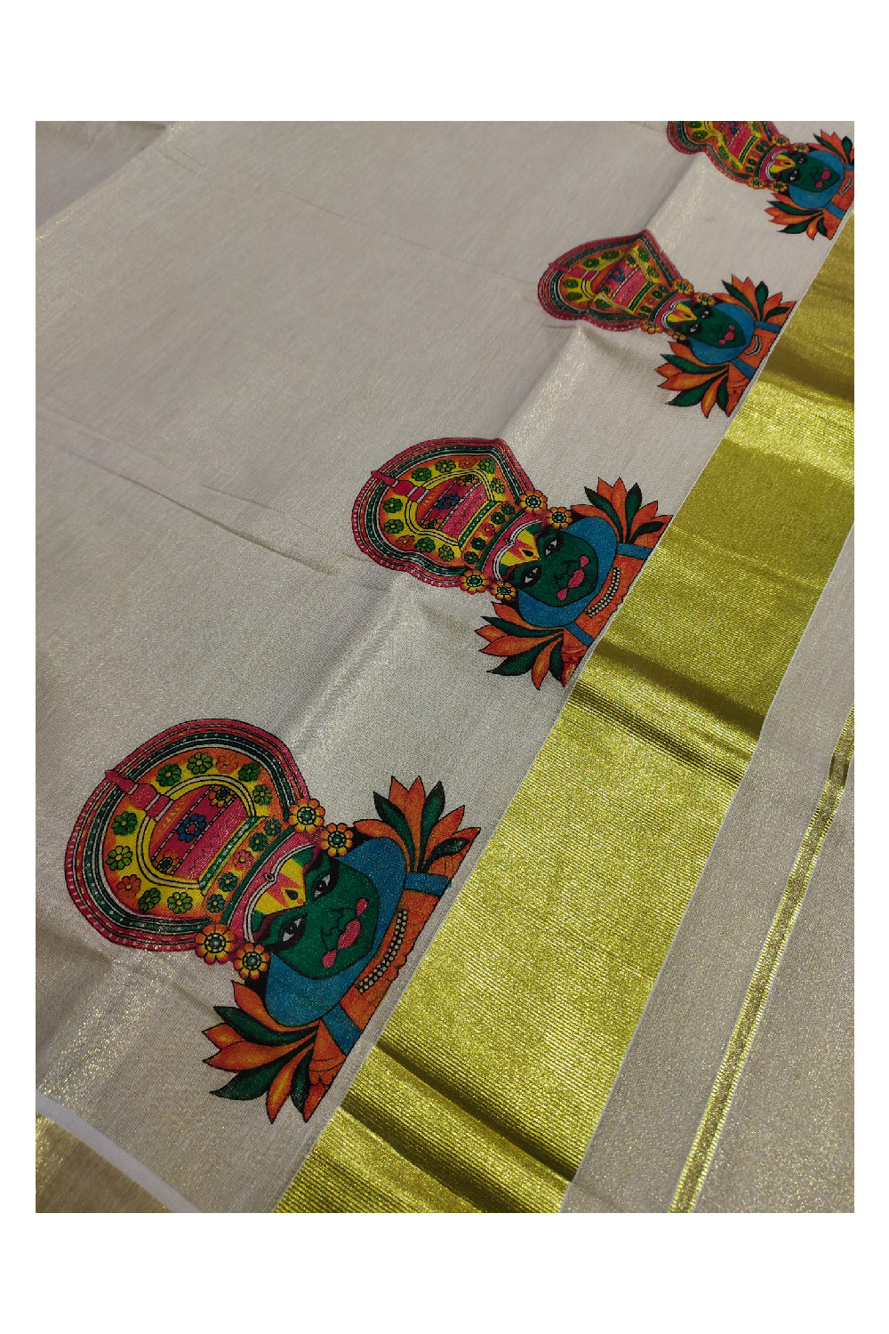 Kerala Tissue Kasavu Onam Saree With Mural Printed Kathakali Design