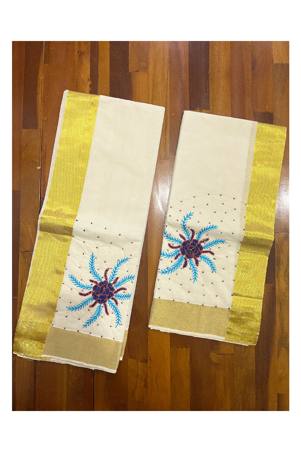 Kerala Cotton Kasavu Set Mundu (Mundum Neriyathum) with Floral Embroidery Handwork Design