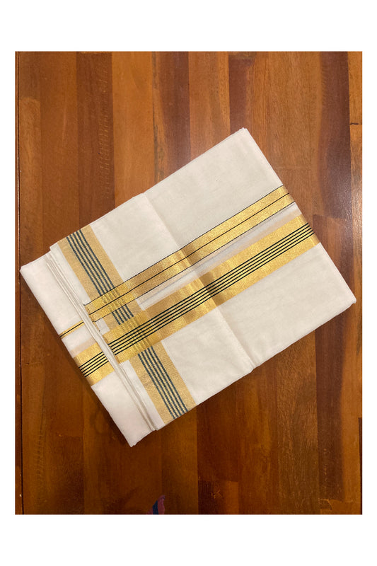 Southloom Premium Handloom Pure Cotton Mundu with Kasavu and Dark Green Chutti Border (South Indian Dhoti)