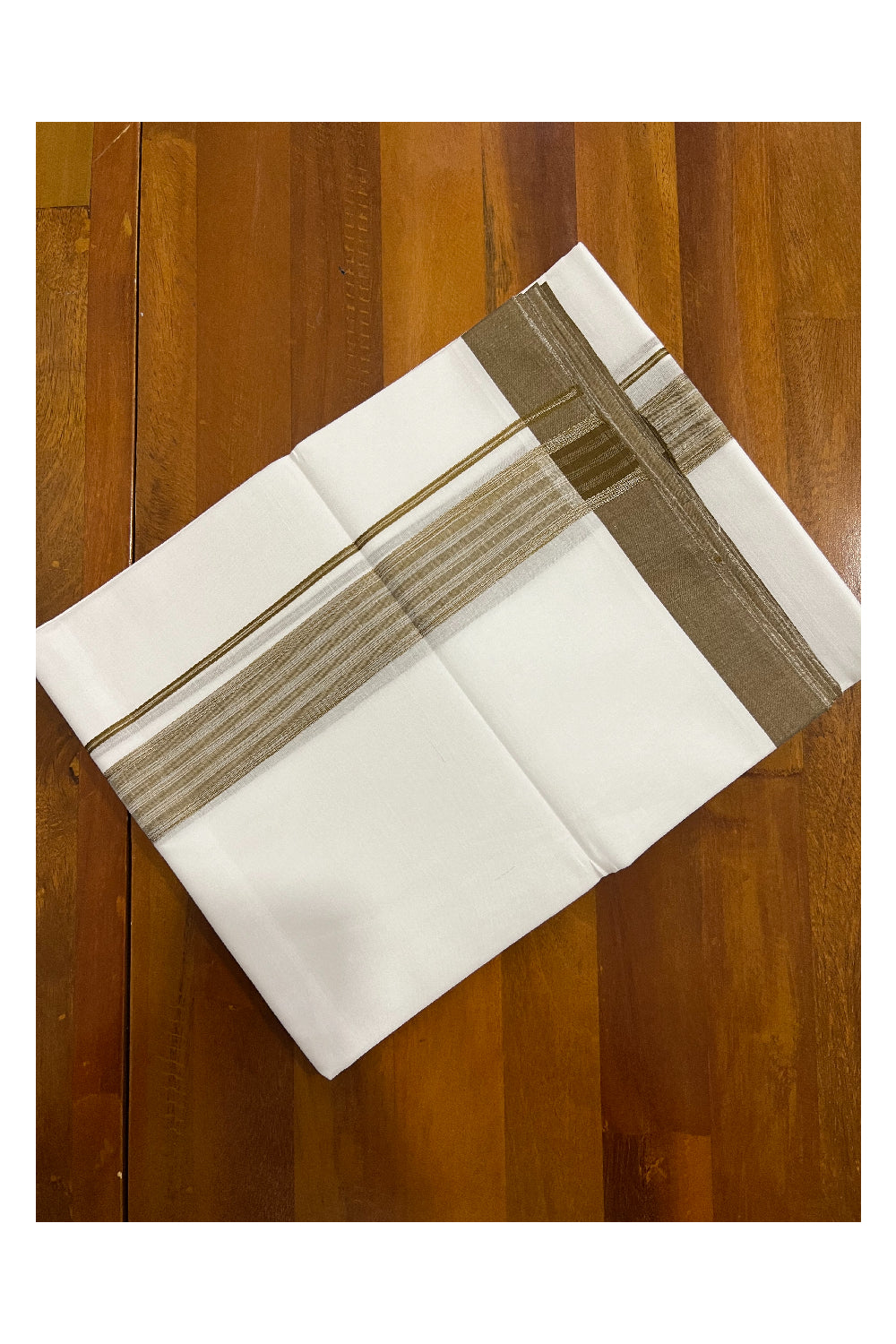 Pure White Kerala Cotton Double Mundu with Brown Border (South Indian Dhoti)