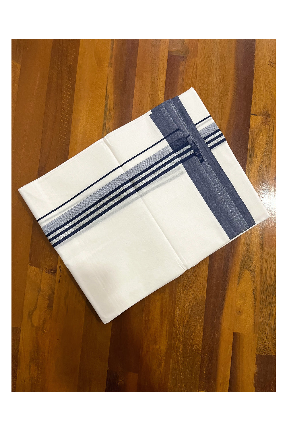 Pure White Cotton Double Mundu with Silver Kasavu and Navy Blue Border (South Indian Dhoti)