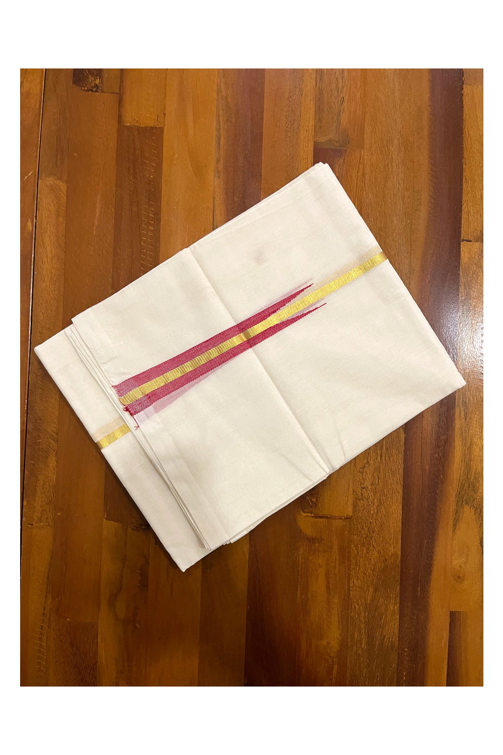 Southloom Premium Handloom Chutti Kara Kasavu Double Mundu with Red Chutti (South Indian Dhoti)