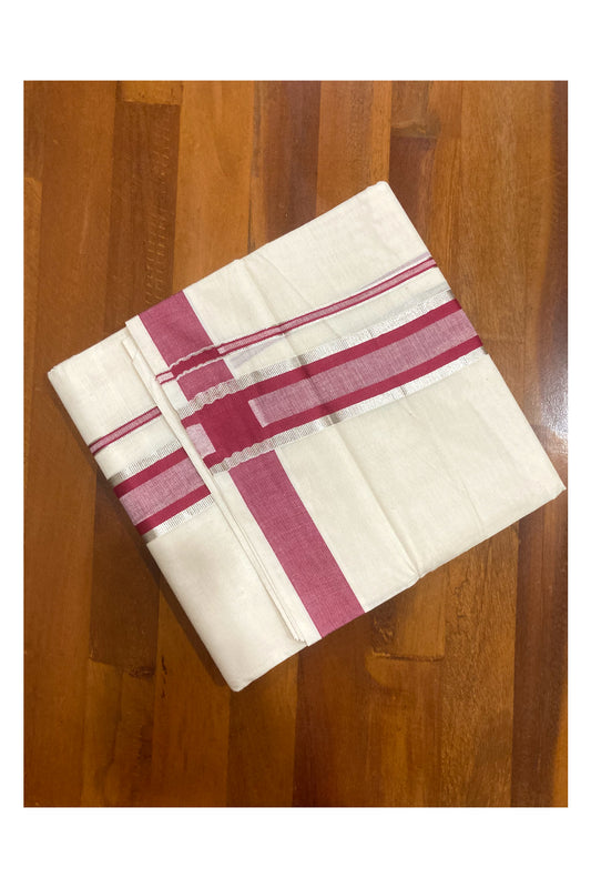 Pure Cotton Double Mundu with Maroon and Silver Kasavu Border (South Indian Dhoti)