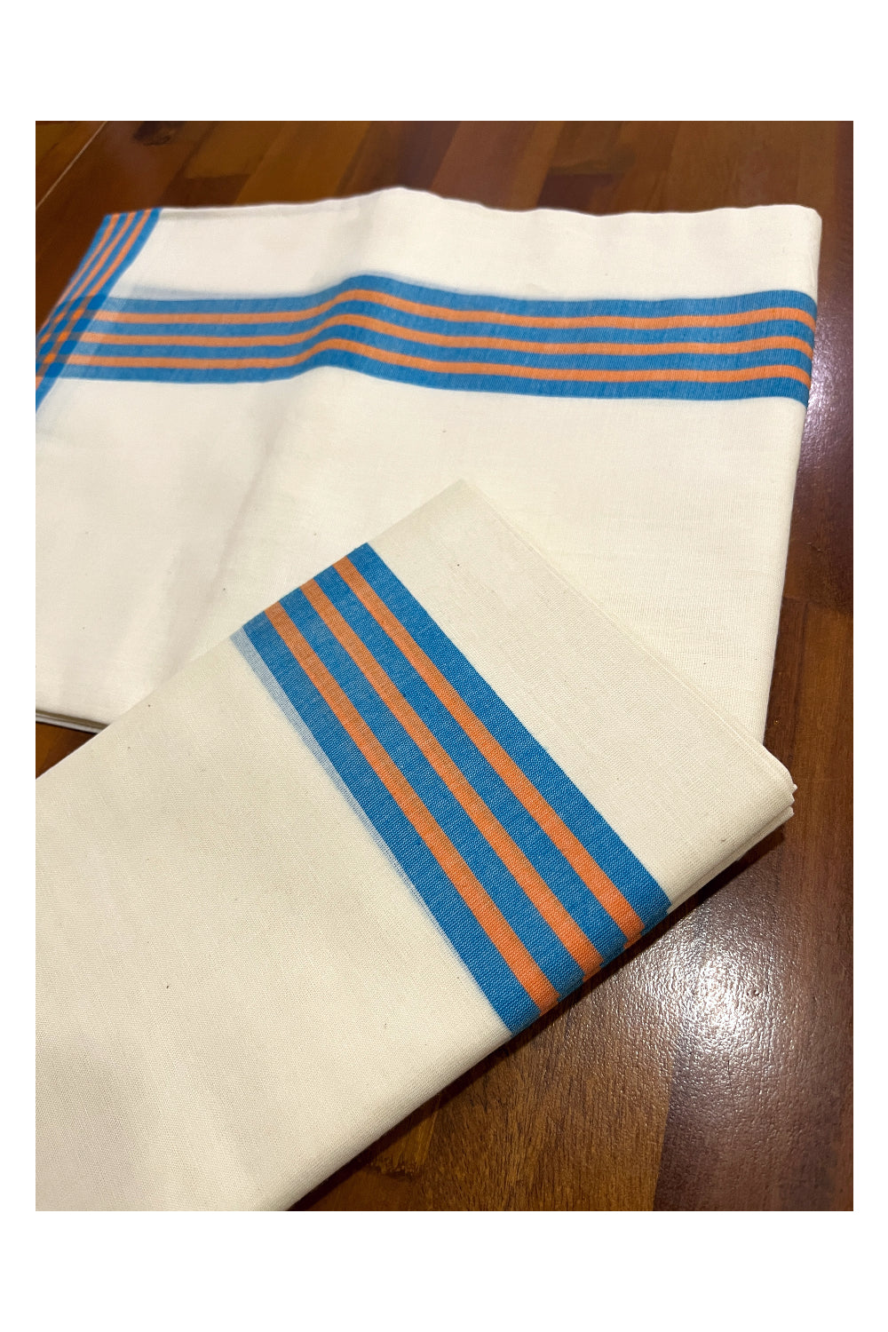 Kerala Cotton Mundum Neriyathum Single (Set Mundu) with Blue and Orange Mulloth Border (Extra Soft Cotton)