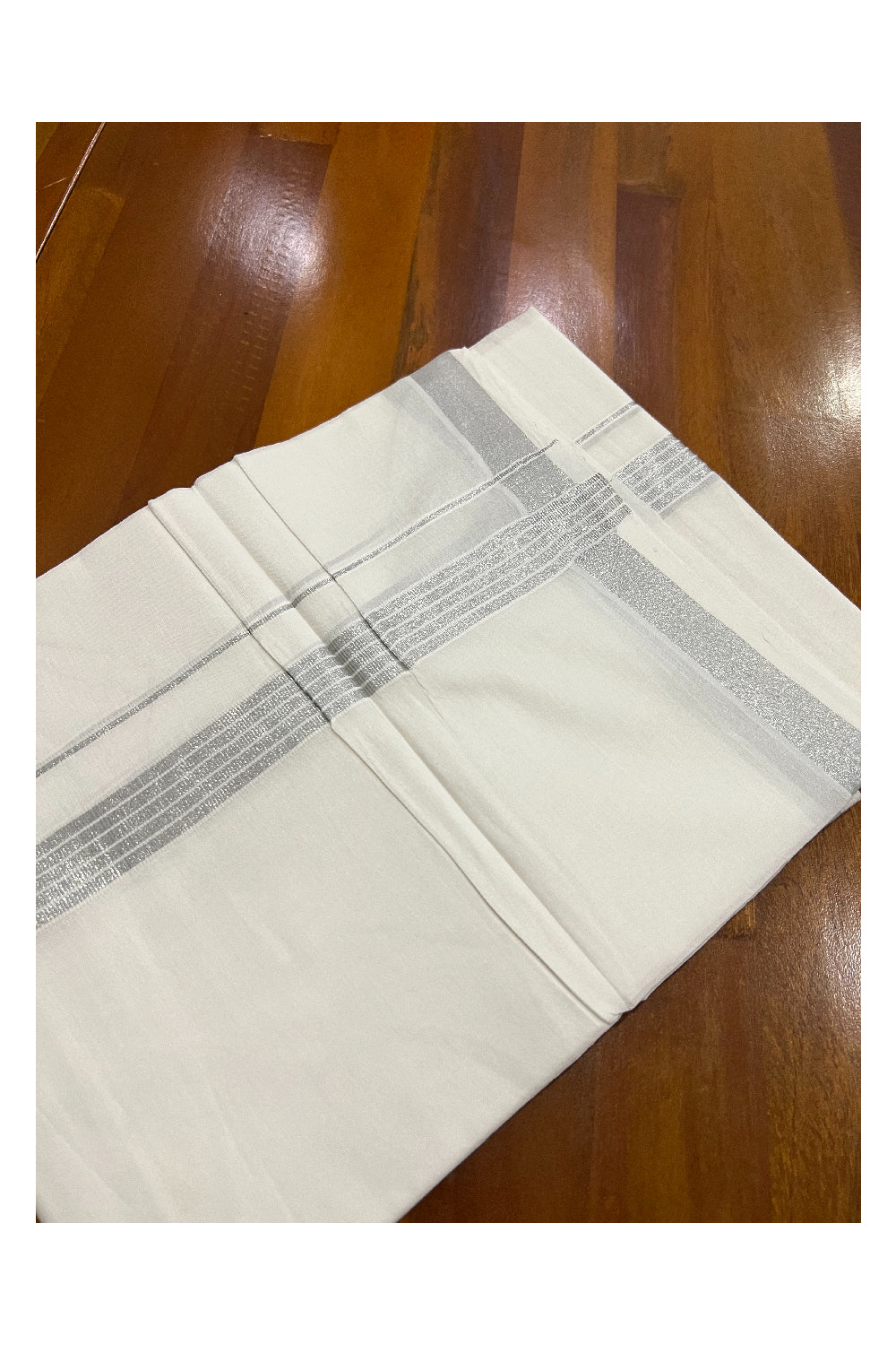 Pure White Cotton Double Mundu with Silver Kasavu Line Border (South Indian Dhoti)