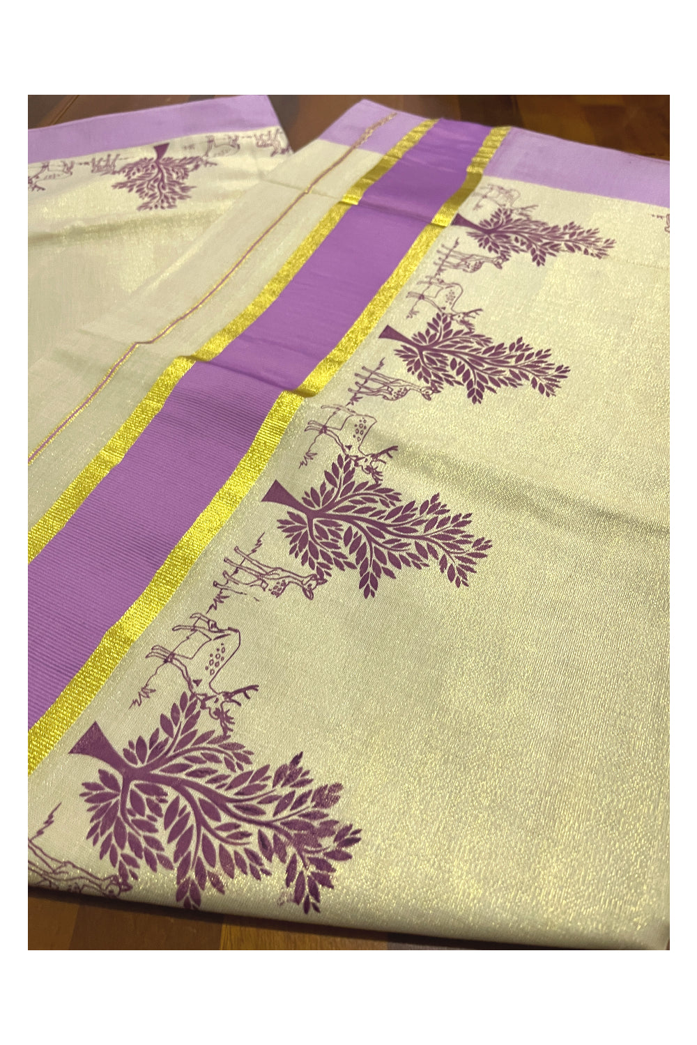 Kerala Tissue Kasavu Saree with Violet Block Prints