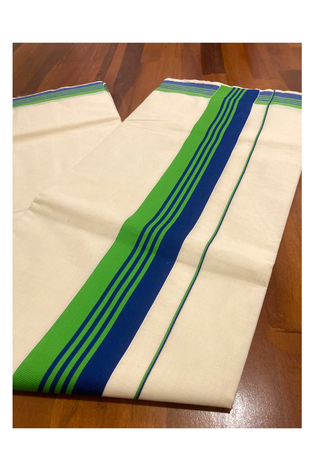 Pure Cotton Plain Kerala Saree with Blue and Green Border