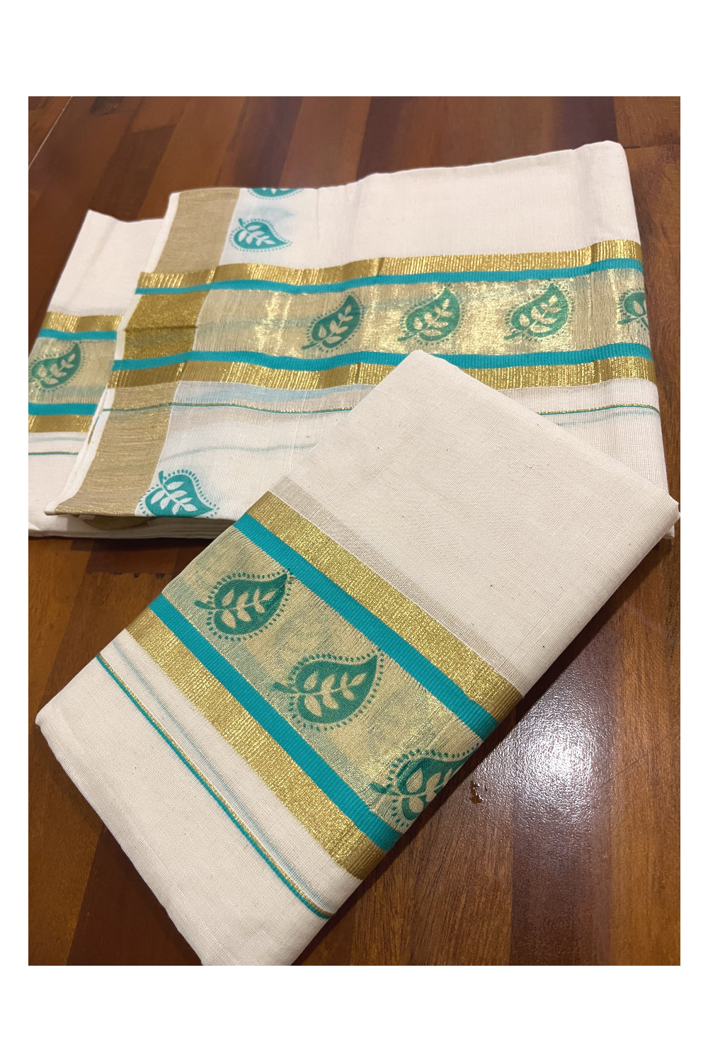 Pure Cotton Kasavu Single Set Mundu (Mundum Neriyathum) with Turquoise Block Printed Border