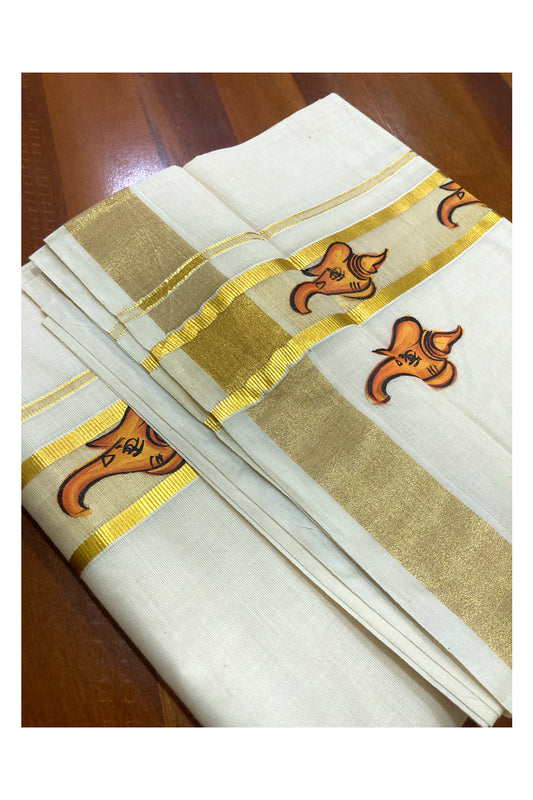 Off White Pure Cotton Double Mundu with Mural Prints on Kasavu Kara (South Indian Dhoti)