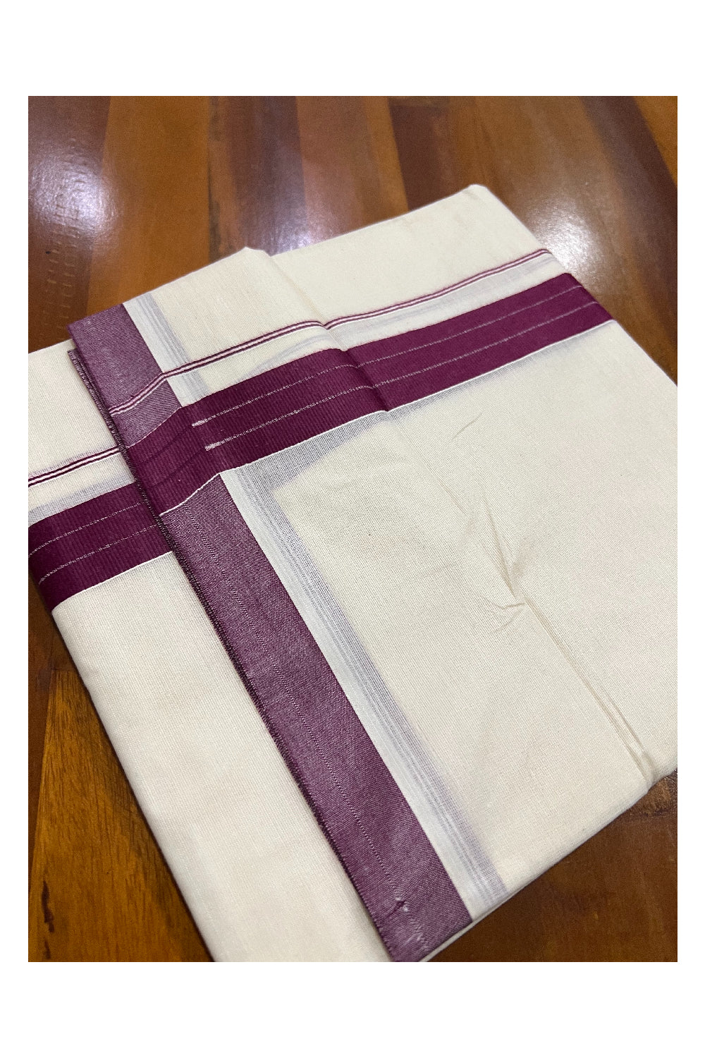 Pure Cotton Off White Double Mundu with Purple Border (South Indian Dhoti)