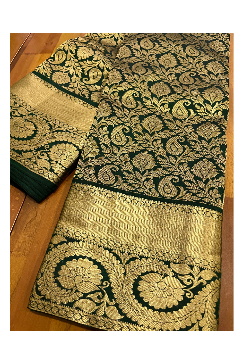 Southloom Double Warp Handloom Pure Silk Kanchipuram Dark Green Manthrakodi Saree with Kasavu Woven Works