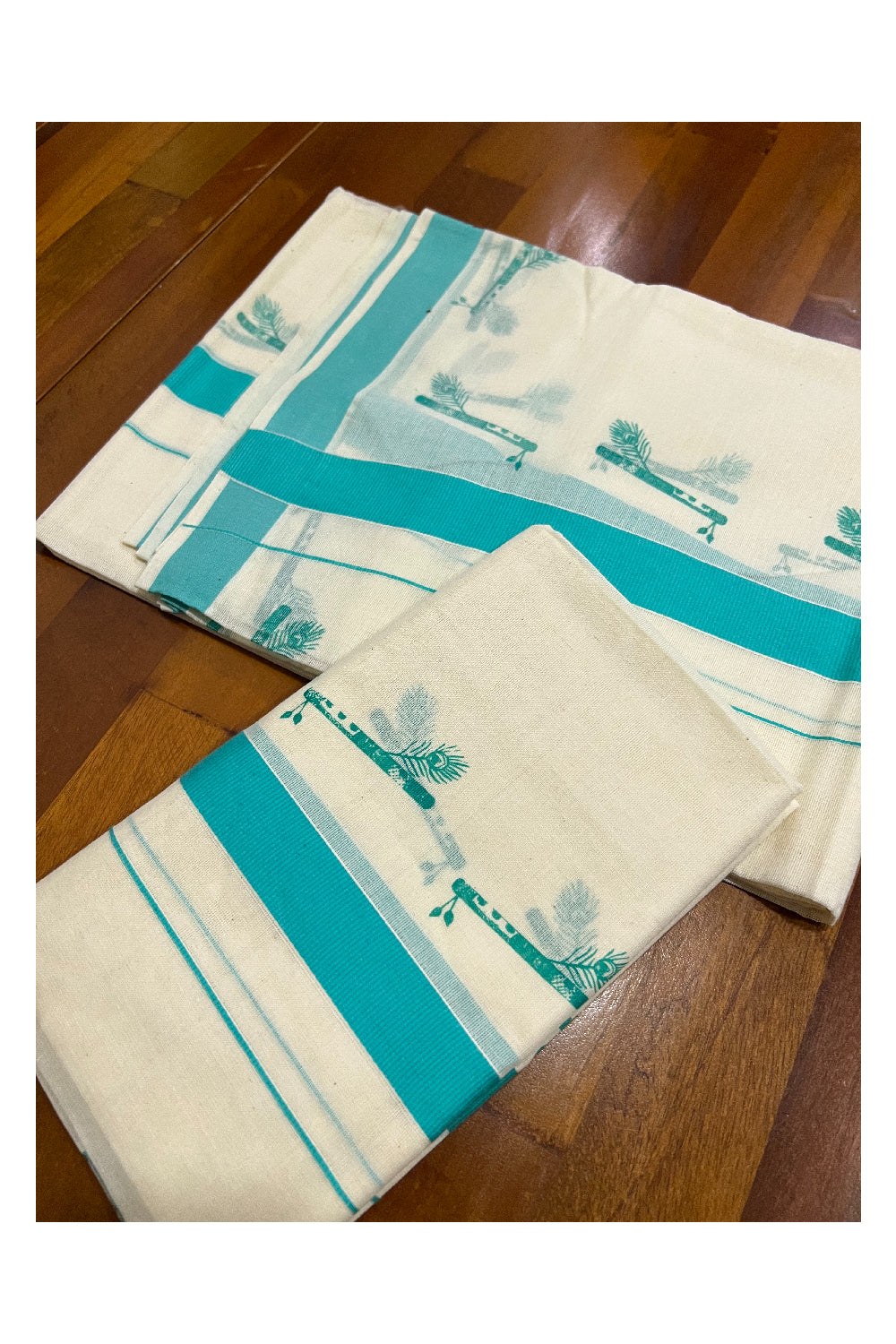 Pure Cotton Set Mundu (Mundum Neriyathum) with Turquoise Feather Flute Block Prints on Border