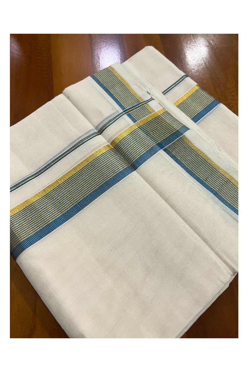 Southloom Kuthampully Handloom Pure Cotton Mundu with Golden and Greyish Blue Kasavu Border (South Indian Dhoti)