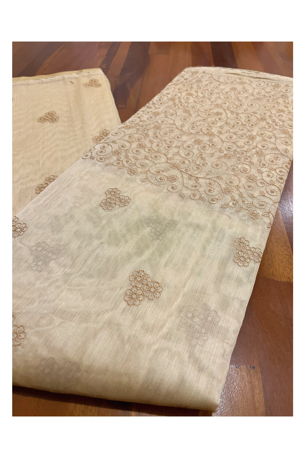 Southloom Cotton Light Brown Saree with Designer Floral Thread works on Body