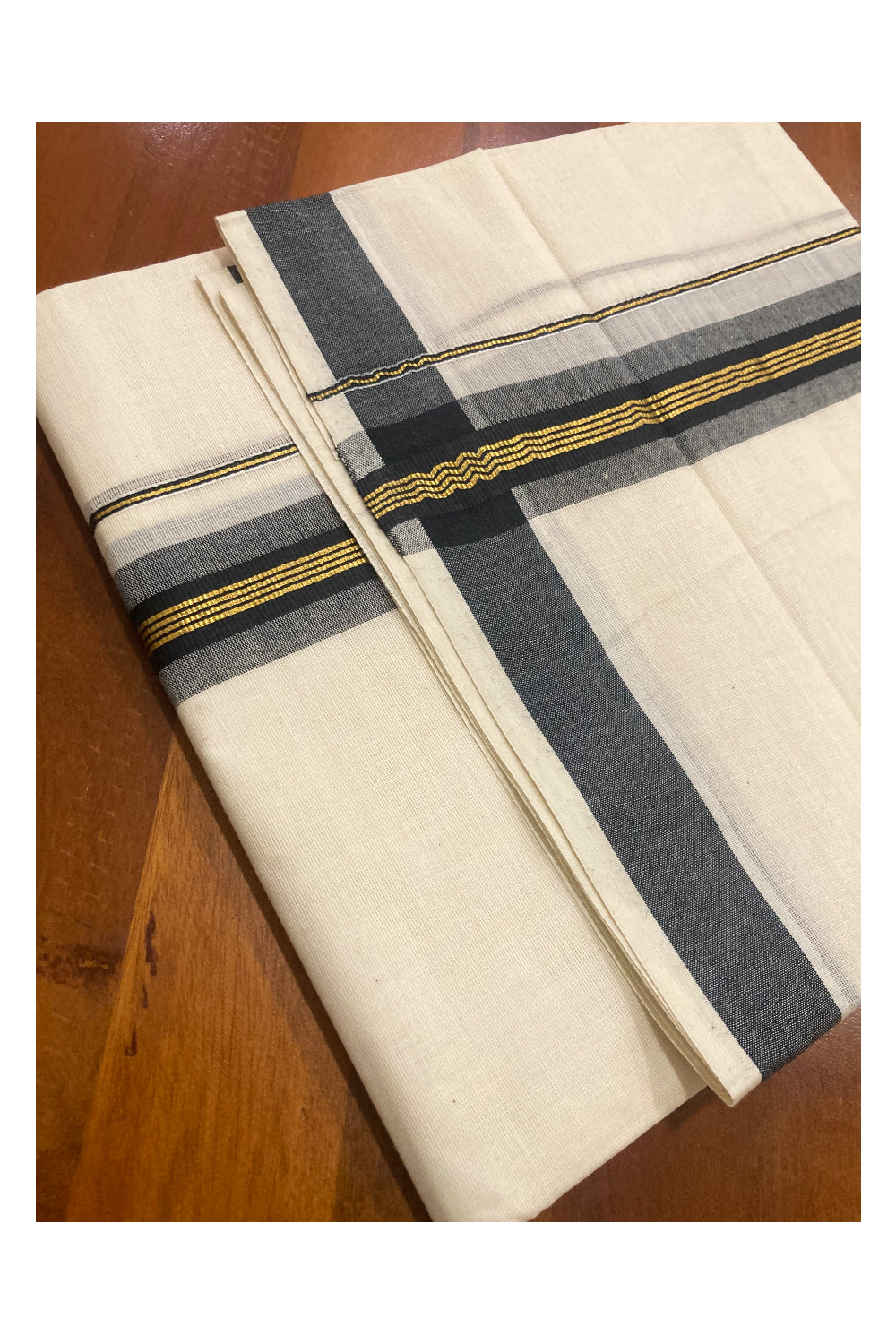 Pure Cotton Kerala Double Mundu with Kasavu and Black Border (South Indian Dhoti)