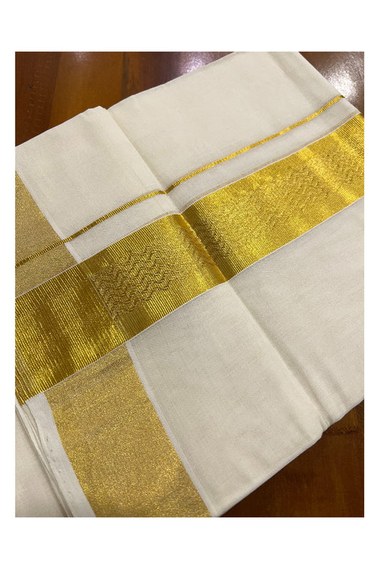 Southloom Balaramapuram Handloom Pure Cotton Wedding Mundu with Kasavu Woven Zig Zag Pattern Border (South Indian Dhoti)