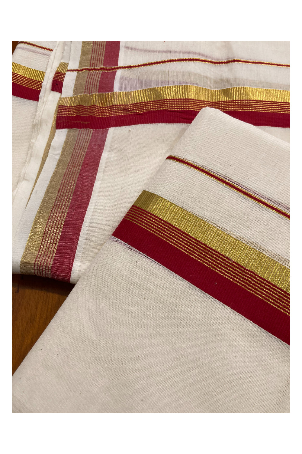 Kerala Cotton Mundum Neriyathum Double (Set Mundu) with Red and Kasavu Border