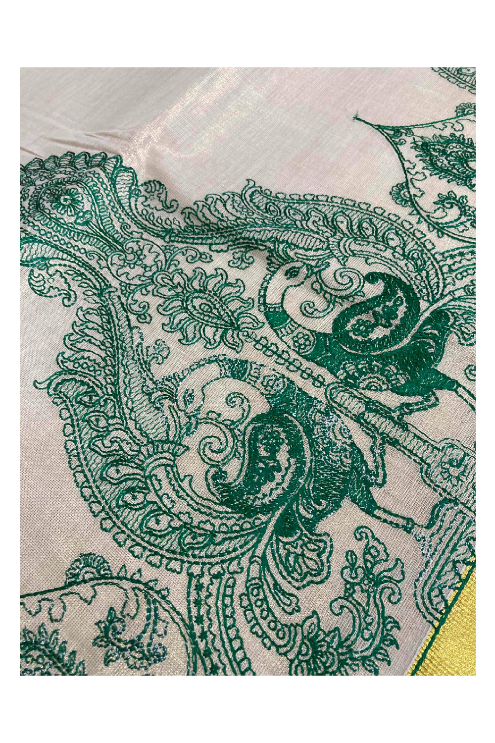 Kerala Tissue Kasavu Green Peacock Embroidered Saree