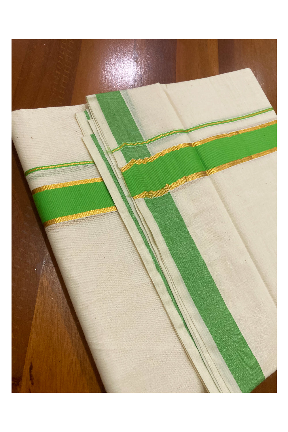 Pure Cotton Off White Double Mundu with Green and Kasavu Border (South Indian Kerala Dhoti)