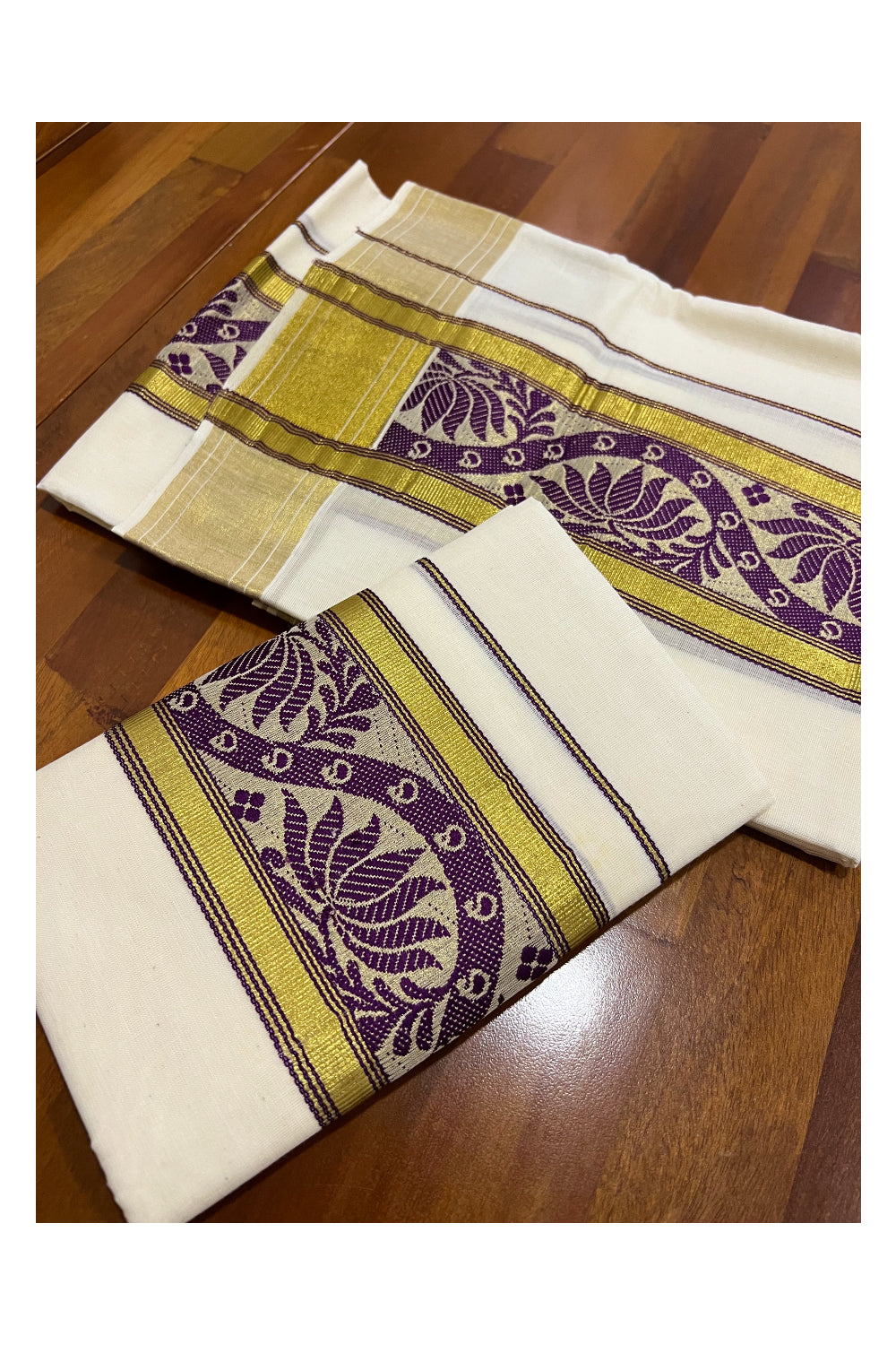 Kerala Cotton Kasavu Set Mundu (Mundum Neriyathum) with Purple Floral Woven Border 2.80 Mtrs