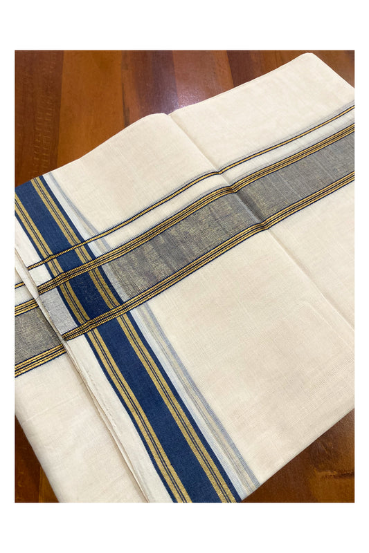 Southloom Premium Handloom Pure Cotton Mundu with Blue and Kasavu Border (South Indian Dhoti)