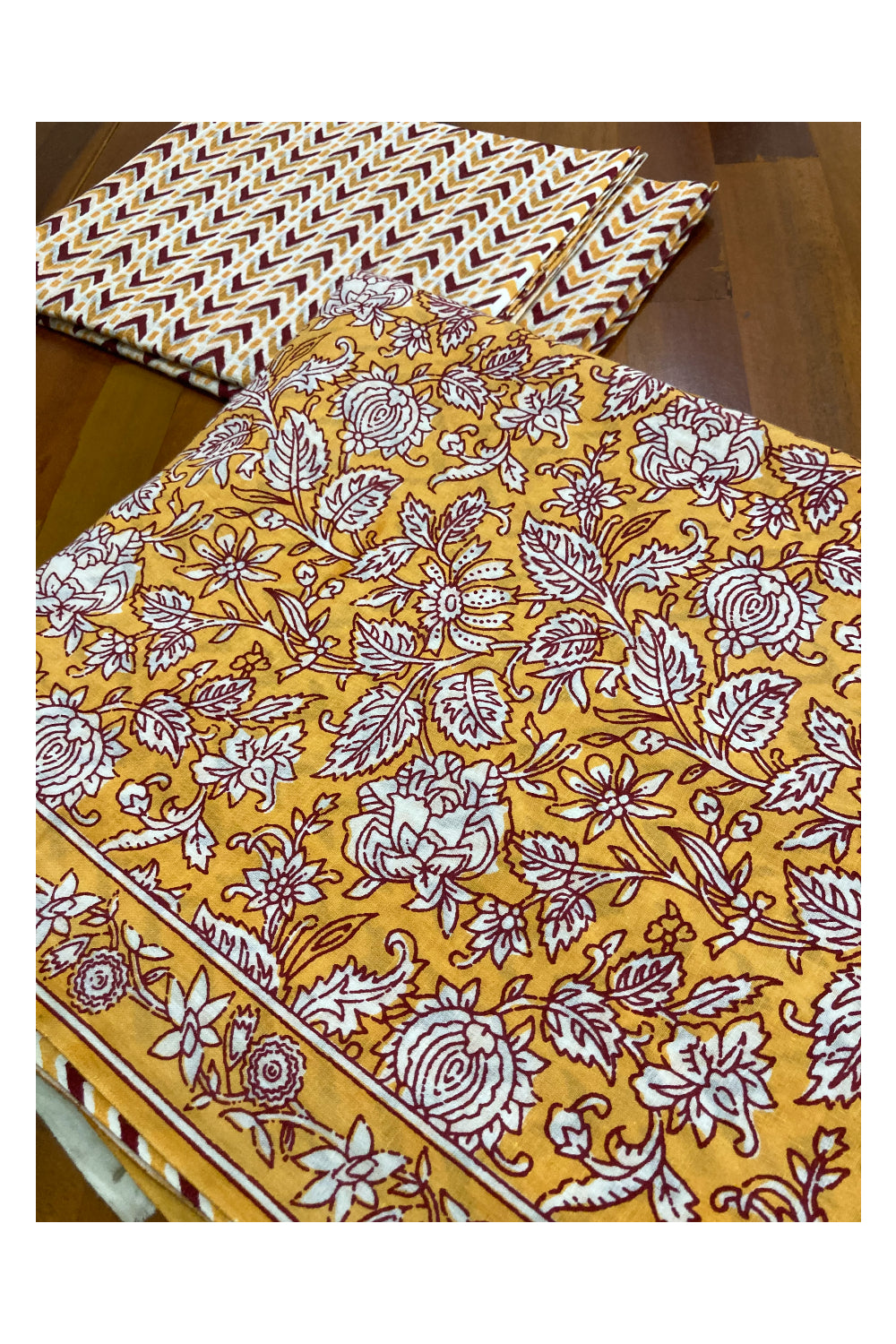 Southloom Floral Hand Block Printed Soft Cotton Jaipur Salwar Suit Material in Yellow Base Colour