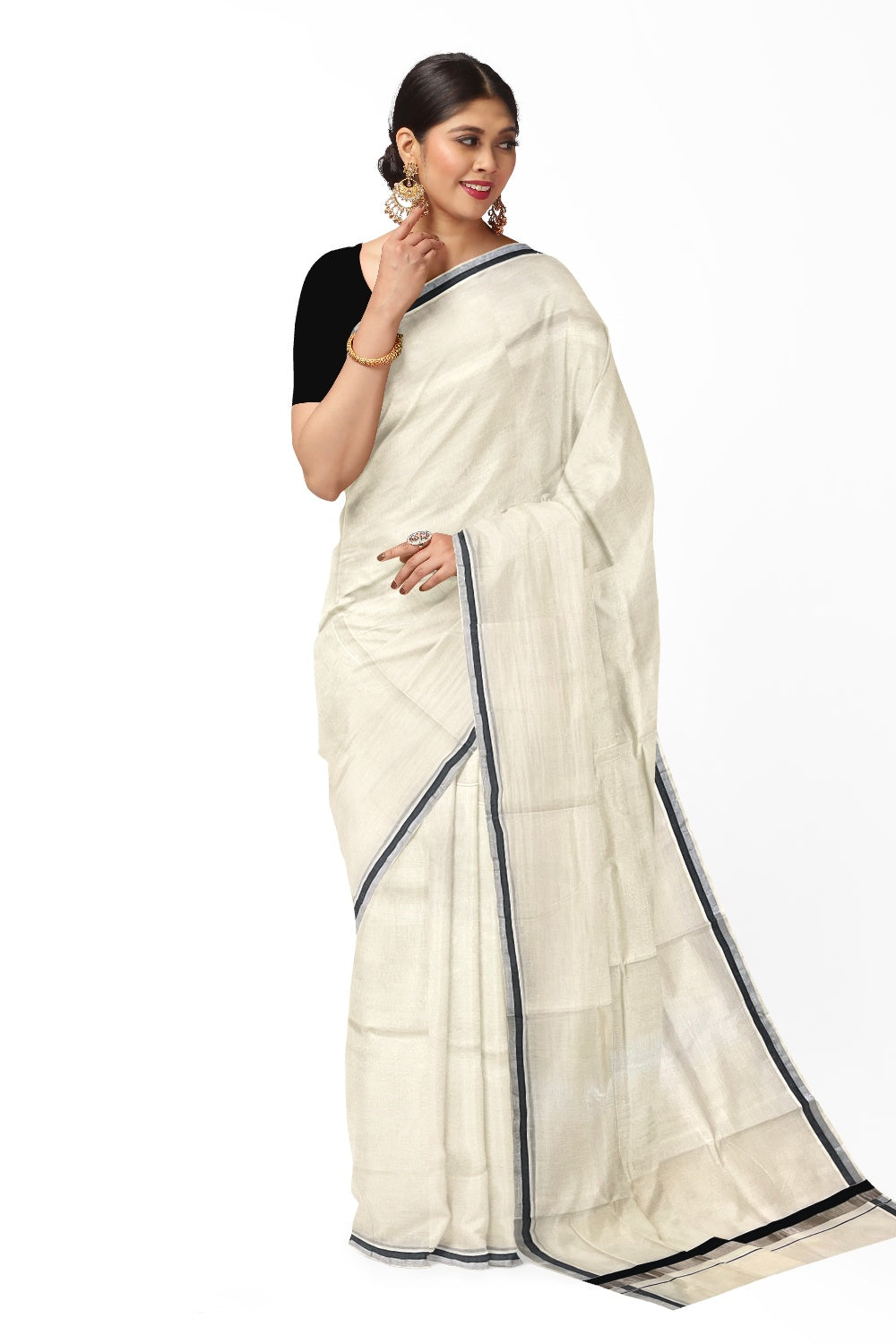 Kerala Pure Cotton Plain Saree with Silver Kasavu and Black Border