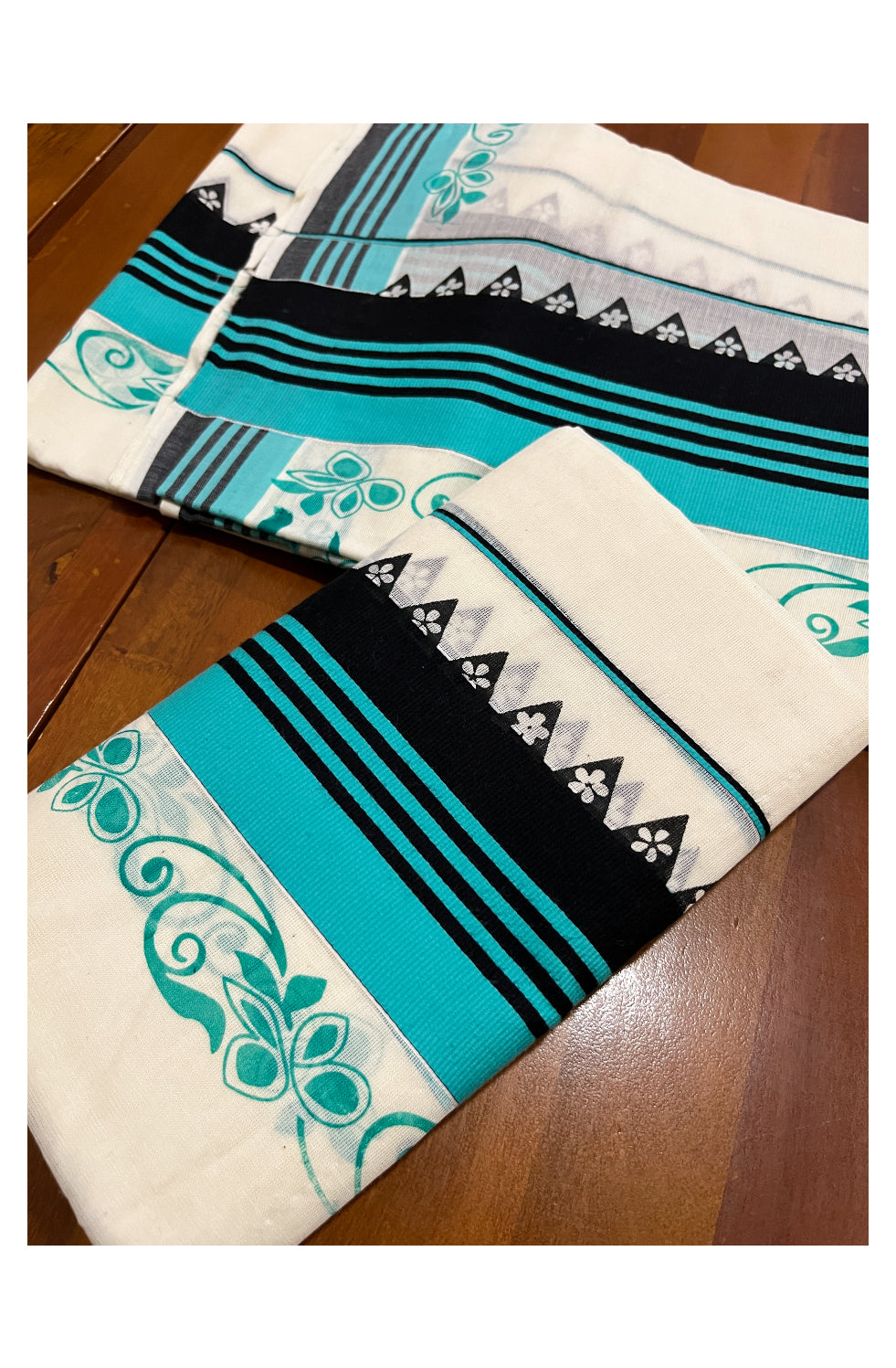 Kerala Cotton Set Mundu (Mundum Neriyathum) with Floral Prints on Turquoise Black Border