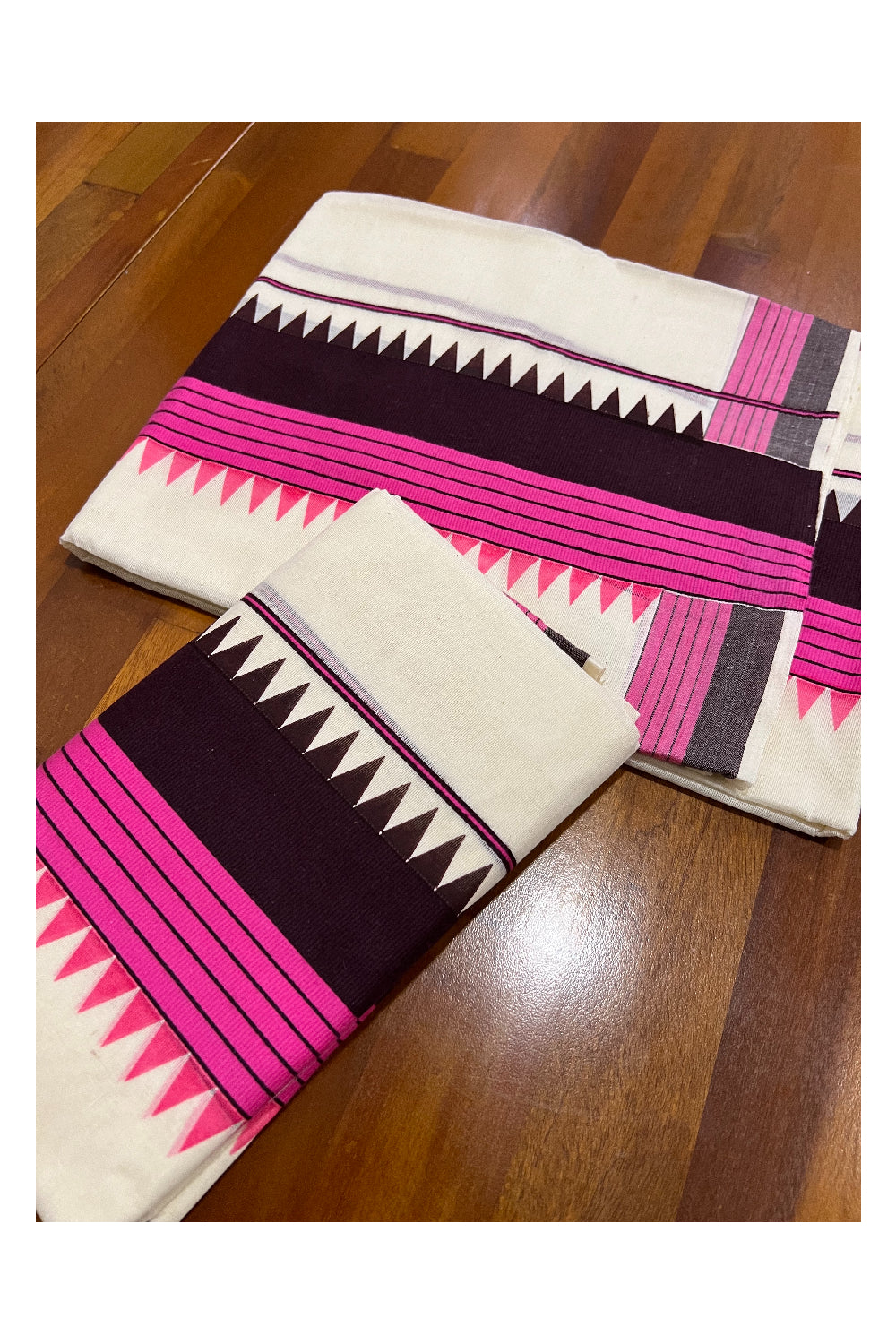 Pure Cotton Set Mundu (Mundum Neriyathum) with Pink and DarK Brown Temple Block Prints on Border