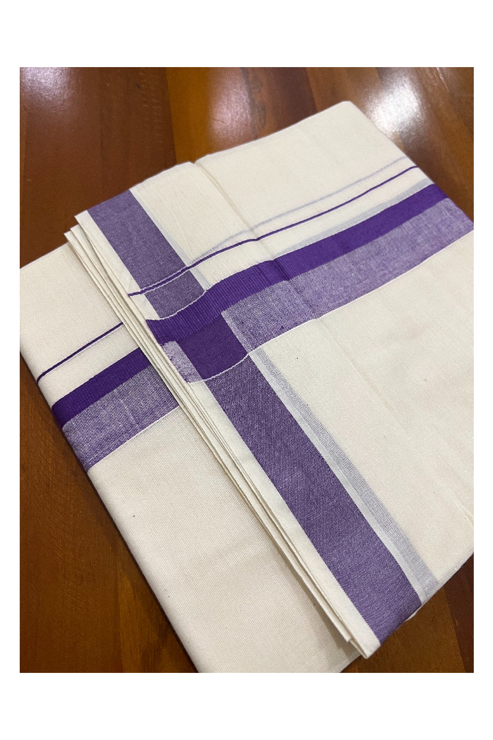 Off White Kerala Double Mundu with Violet Shaded Kara (South Indian Dhoti)