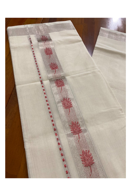 Southloom Handloom Premium Silver Kasavu Double Dhoti with Woven Design Border