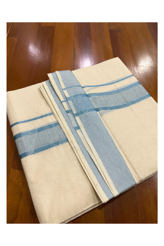 Pure Cotton Off White Double Mundu with Light Blue and Silver Kasavu Border (South Indian Dhoti)