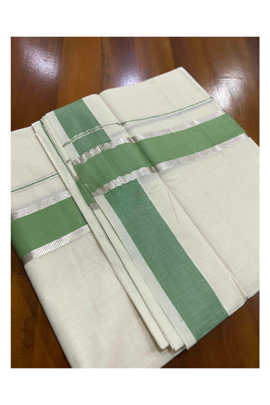 Off White Kerala Double Mundu with Silver Kasavu and Green Border (South Indian Dhoti)